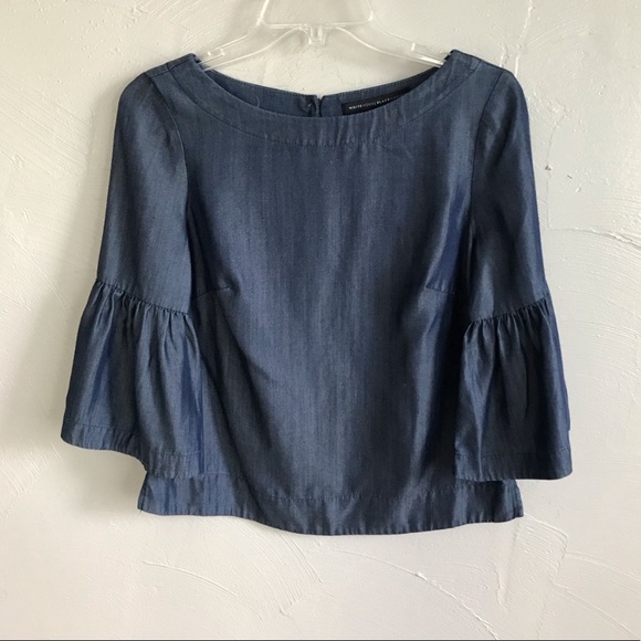 Blue chambray denim colored bell sleeve top - Picture 3 of 7